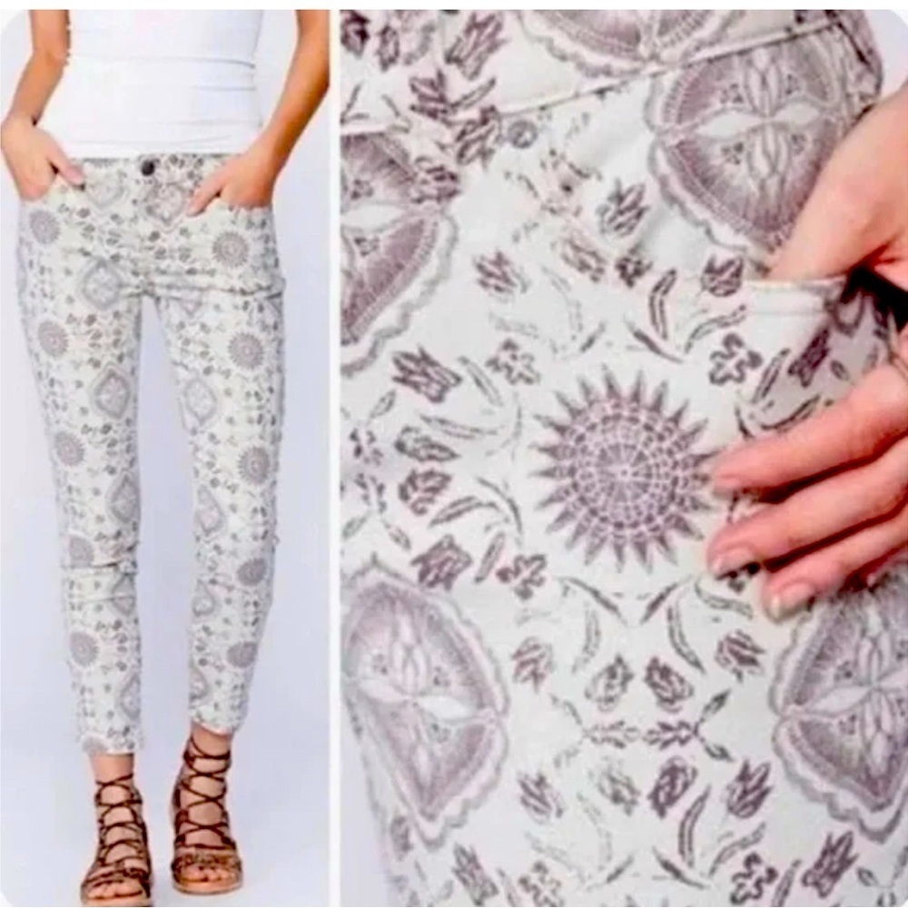 Free People Womens 25 Sundial Printed Skinny Jeans Cream in perfect condition